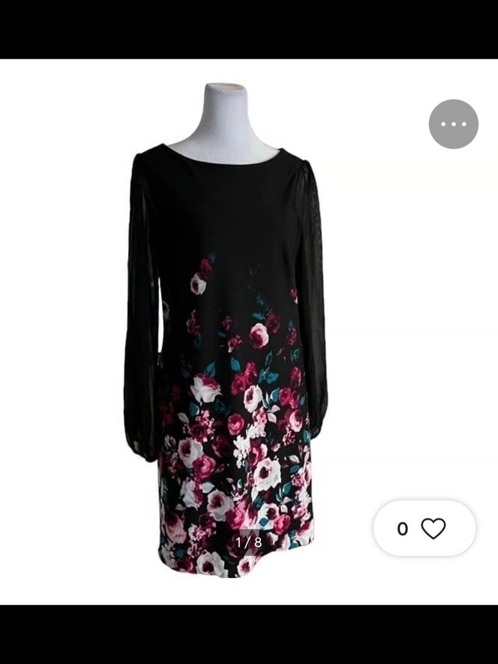 Black Floral Long-Sleeve Tunic Dress with Sheer Sleeves